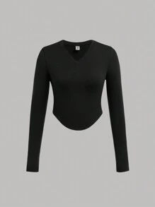 SHEIN 4 peças/conjunto adolescente menina decote em v bainha curva manga longa casual versátil camada de base camisetas de malha