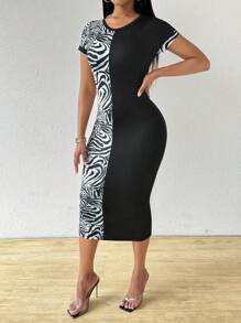 Zolique Đầm Maxi Cổ Tròn Tay Ngắn Họa Tiết Ngựa Vằn Màu Tương Phản Cho Nữ Ôm Vừa Thanh Lịch Quyến Rũ Thời Trang Trang Phục Nữ - Nhiều màu - Xem 1