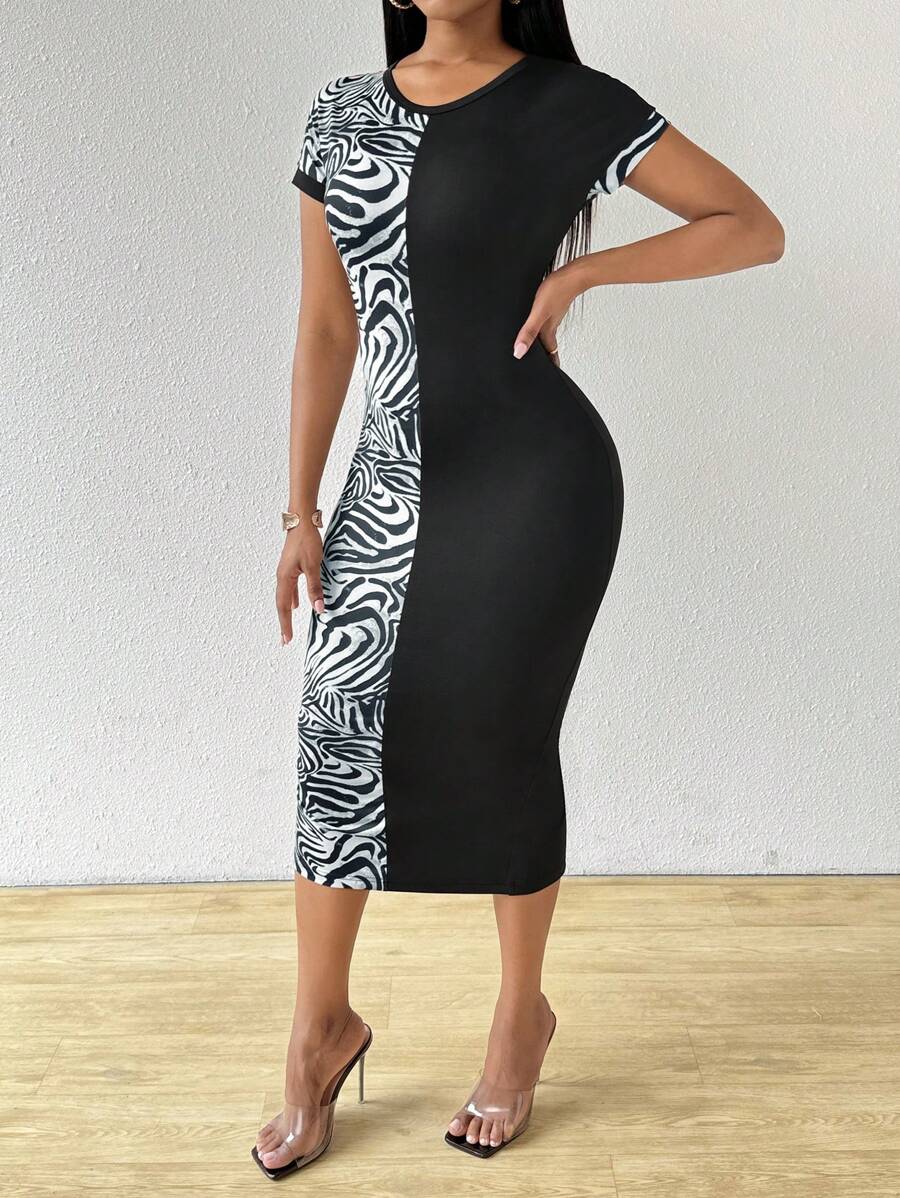 Zolique Đầm Maxi Cổ Tròn Tay Ngắn Họa Tiết Ngựa Vằn Màu Tương Phản Cho Nữ Ôm Vừa Thanh Lịch Quyến Rũ Thời Trang Trang Phục Nữ - Nhiều màu - Xem 1