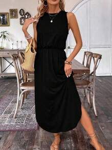 SHEIN LUNE Women's Vacation Casual Solid Color Hem Flared Dress - Black - View 1