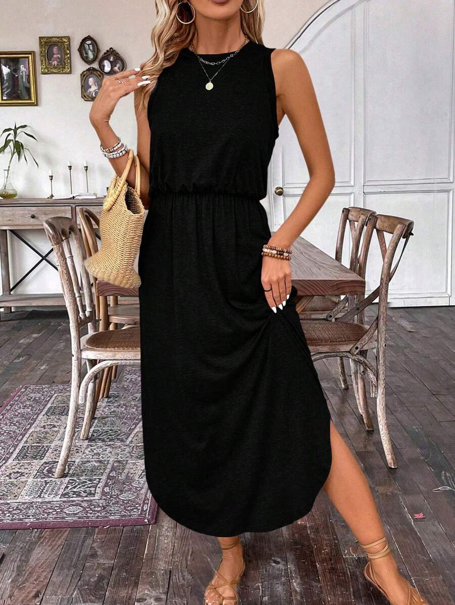 SHEIN LUNE Women's Vacation Casual Solid Color Hem Flared Dress - Black - View 1