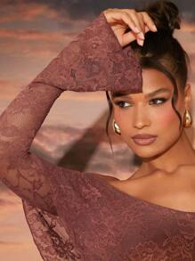 SHEIN Unity Mono de encaje marrón elegante sin hombros con mangas largas y sobrecapa de volantes - Marrón - Ver 5