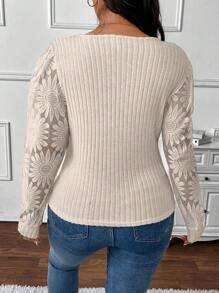 SHEIN Frenchy 大码休闲优雅蕾丝拼布罗纹运动衫，春秋