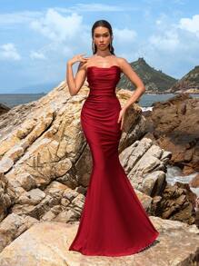 Faeriesty Faeriesty Elegant Strapless Sweetheart Neckline Pleated Bust Mermaid Train Evening Dress – Spring Summer Formal Gown For Galas, Weddings, Red Carpet Events, Evening Parties