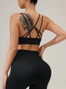 SHEIN Sports Seamless High Stretch Sports Bra With Pads For Women - Black - View 7