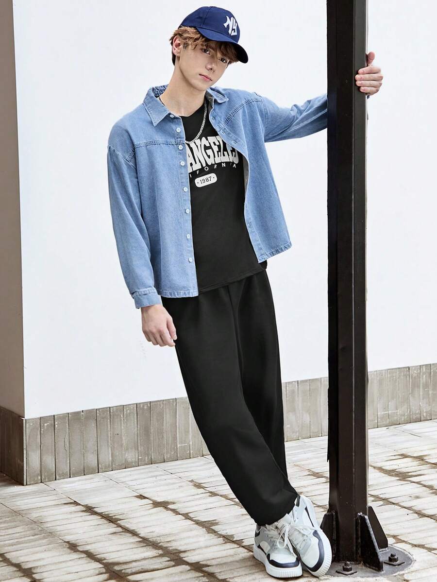 SHEIN 2 件青少年男孩休闲套装，纯色长袖衬衫，字母印花短袖 T 恤和裤子，春夏 - 彩色 - 查看 1