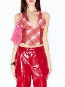 MUSERA Áo tank top cổ yếm kẻ caro Y2K, thích hợp mặc đi chơi, dự lễ hội, phong cách boho, mùa xuân, kỳ nghỉ hè. - Nhiều màu - Xem 5