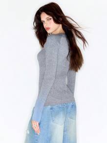 MUSERA Y2K镂空长袖针织上衣，适合晚宴和派对，优雅时尚 - 灰色 - 查看 2