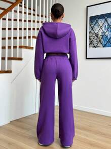 EURMUSE 棉质女式连帽衫，带字母印花和松紧腰带，加厚运动服套装 - 紫色 - 查看 2