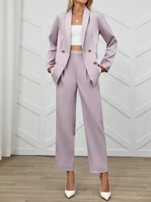SHEIN Clasi Tailleur elegante e alla moda da donna con giacca a manica lunga con risvolto e pantaloni - Rosa antico - Visualizzare 6