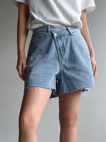DAZY Loose-Fit Asymmetrical Waist Women's Denim Shorts Low Rise Jeans Jorts - Light Wash - View 7