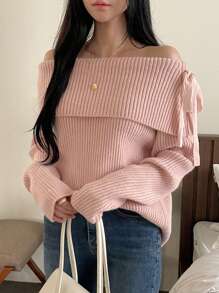 DAZY Suéter holgado de mujer con hombros descubiertos y manga larga, para otoño/invierno - Rosa - Ver 4