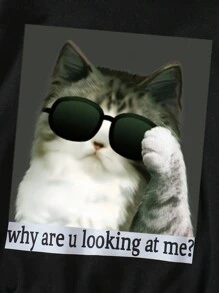 SHEIN 3 件套 幼儿女孩时尚可爱眼镜猫和字母印花连帽衫运动衫 + 字母印花裤套装 - 黑色 - 查看 3