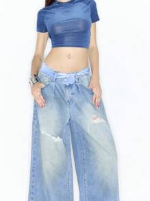 MUSERA Y2K Low Rise Oversized Distressed Jeans Spring Summer - Light Wash - View 5
