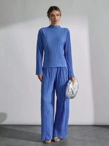 SHEIN Cottnline Pleated Solid Color Elegant Long Sleeve Blouse & Ruffled Hem Pants Set - Royal Blue - View 3