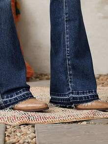 女式前扣多口袋牛仔喇叭裤，适合日常休闲穿着 - 藍色 - 查看 4