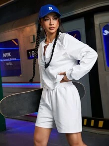 Streetz SHEIN Sport 女士短款纯色连帽运动衫和短裤两件套 - 白色 - 查看 5