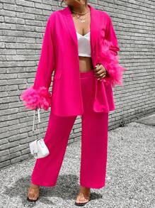 Maweii Plus Size Women's Feather Patchwork Long Sleeve Blazer And Jacket Set, Fashion Elegant Slim Fit - Hot Pink - View 1