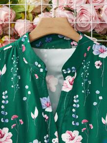 SHEIN LUNE 大码女式花卉印花短袖衬衫，夏季 - 墨綠色 - 查看 5