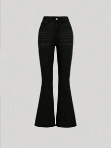 Teen Girl Solid Color  Flared Leg Casual Jeans - Black - View 1