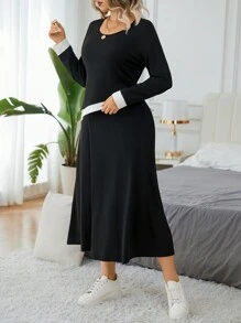 SHEIN LUNE 2pcs Plus Size Women Spring/Fall Casual Color Block Asymmetric Hem Top And Skirt Set - Black - View 4