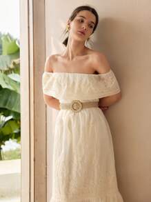 MOTF Women's Elegant Solid Color Off Shoulder Embroidery Vacation Dress - Beige - View 8