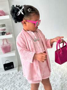 3 件套幼儿女孩舒适羊毛套装 - 夹克、背心和短裤，秋冬季 - 粉色 - 查看 3