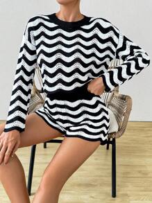 SHEIN LUNE Chevron Waves Patternpointelle Drop Shoulder Twopieces Knit Sweater Co Ord Shorts - Black and White - View 5