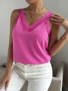SHEIN LUNE Áo hai dây phối ren thanh lịch mùa hè dành cho nữ - Màu Hồng Tươi - Xem 5