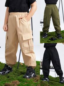 SHEIN 3入組男孩休閒實色貨裝式長褲，側口袋和束口設計，三件套 - 彩色 - 查看 1