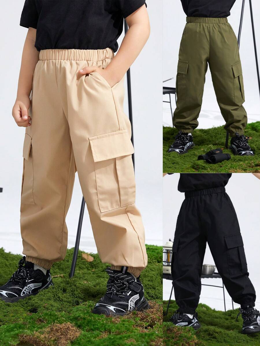 SHEIN 3入組男孩休閒實色貨裝式長褲，側口袋和束口設計，三件套 - 彩色 - 查看 1