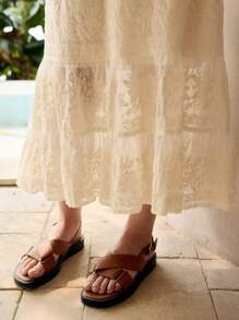 MOTF Women's Elegant Solid Color Off Shoulder Embroidery Vacation Dress - Beige - View 2