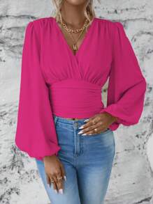 EMERY ROSE Women's Spring And Summer Solid Color Overlapping V-Neck Lantern Sleeve Elegant Shirt Fall Cloth For Women - Hot Pink - View 4