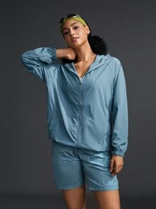SHEIN Sports 2pcs Women Spring & Autumn Solid Color Raglan Sleeve Hoodie Jacket And Shorts Sports Suit - Baby Blue - View 5