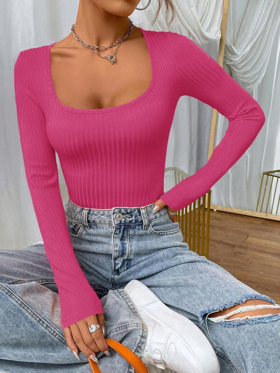 SHEIN EZwear 长袖修身纯色T恤，春秋 - 玫紅色 - 查看 1
