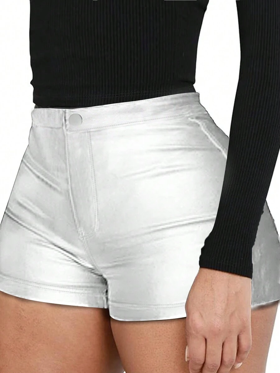Y2K Style Women Coated Shorts - Silver - View 1