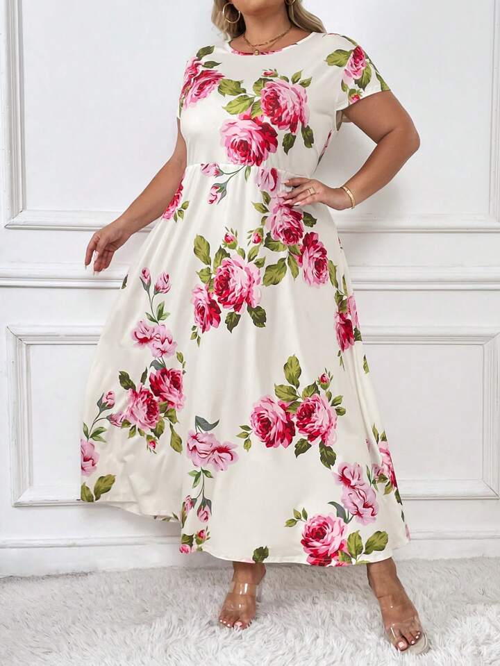SHEIN CURVE+ Floral Printed Plus Size Long Dress With