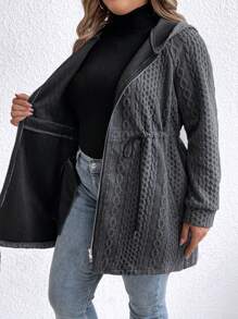 SHEIN LUNE Plus Size Hooded With Tie Collar Pocket Zip Up Knit Jacket Fall Winter Cloth For Women Autumn - Dark Grey - View 5