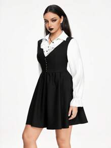 ROMWE Academia Preppy Style Neckline Ruffles Decoration Black And White Contrast Color Ladies 2 In 1 Dress - Black and White - View 4