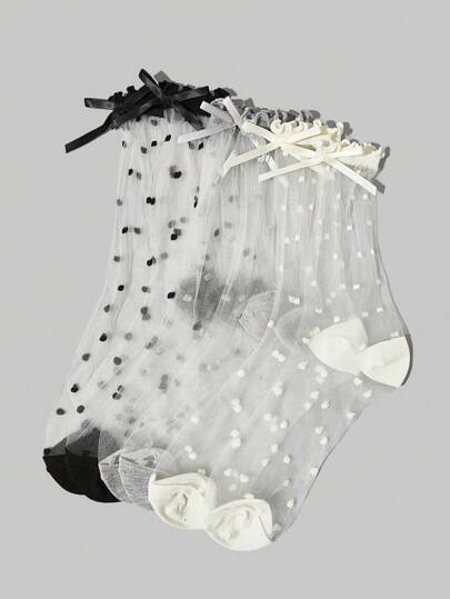 Fairycore 3pairs Women's Black, White, Grey 3-Color Bow Lace Polka Dot Thin Crew Socks