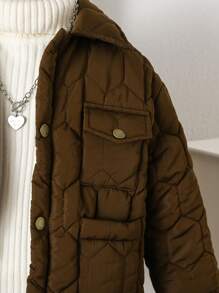SHEIN Fashionable Retro Style Toddler Young Girl Straight Padded Coat - Brown - View 7