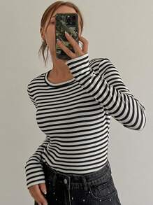 DAZY 女士休闲条纹保暖内衬保暖T恤，秋冬长袖女上衣 - 黑與白 - 查看 6