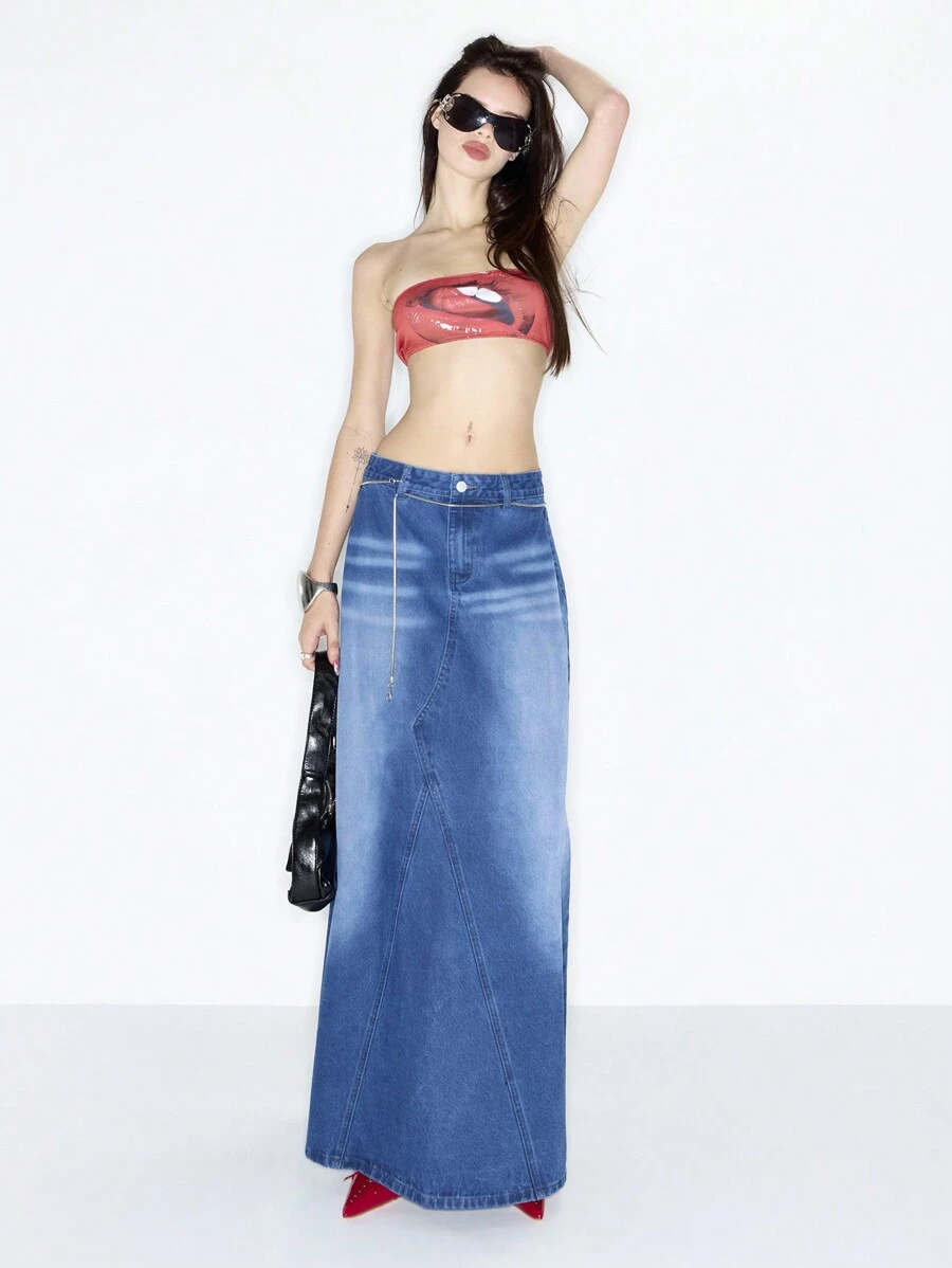 MUSERA Falda maxi de mezclilla de talle bajo estilo Y2K, primaveral, linda, sexy, de verano, elegante para el Día de Acción de Gracias