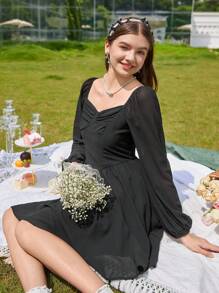 SHEIN Teen Girl Sweetheart Neck Lantern Sleeve Dress - Black - View 4