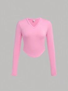 SHEIN 4 peças/conjunto adolescente menina decote em v bainha curva manga longa casual versátil camada de base camisetas de malha