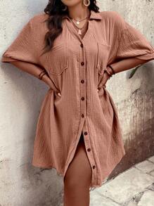 Linhara Plus Size Solid Color Button Front Casual Shirt Dress - Dusty Pink - View 4