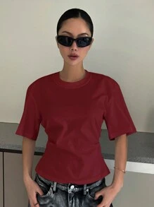 DAZY 女士夏季休闲纯色露背 T 恤 - 酒紅色 - 查看 3