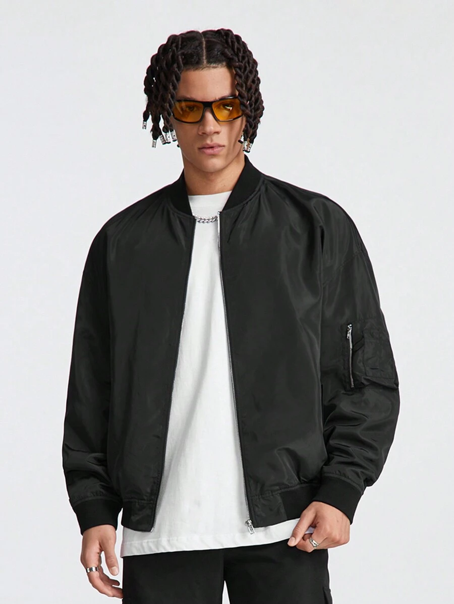 Manfinity VCAY Áo khoác nam tay dài dáng rộng, thời trang đi bộ đường dài đơn giản, quà tặng bạn trai, áo khoác bóng chày, cho mùa thu đông - màu đen - Xem 1