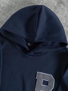 Manfinity Homme 2pcs Men's Letter & Striped Print Hoodie Sweatshirt And Drawstring Sweatpants Casual Set - Navy Blue - View 8