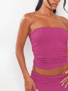 INAWLY Bộ 2 áo Bandeau nhún bèo màu trơn và váy ngắn cho nữ, trang phục hai mảnh gợi cảm cho mùa hè đi chơi - Màu Hồng Tươi - Xem 4